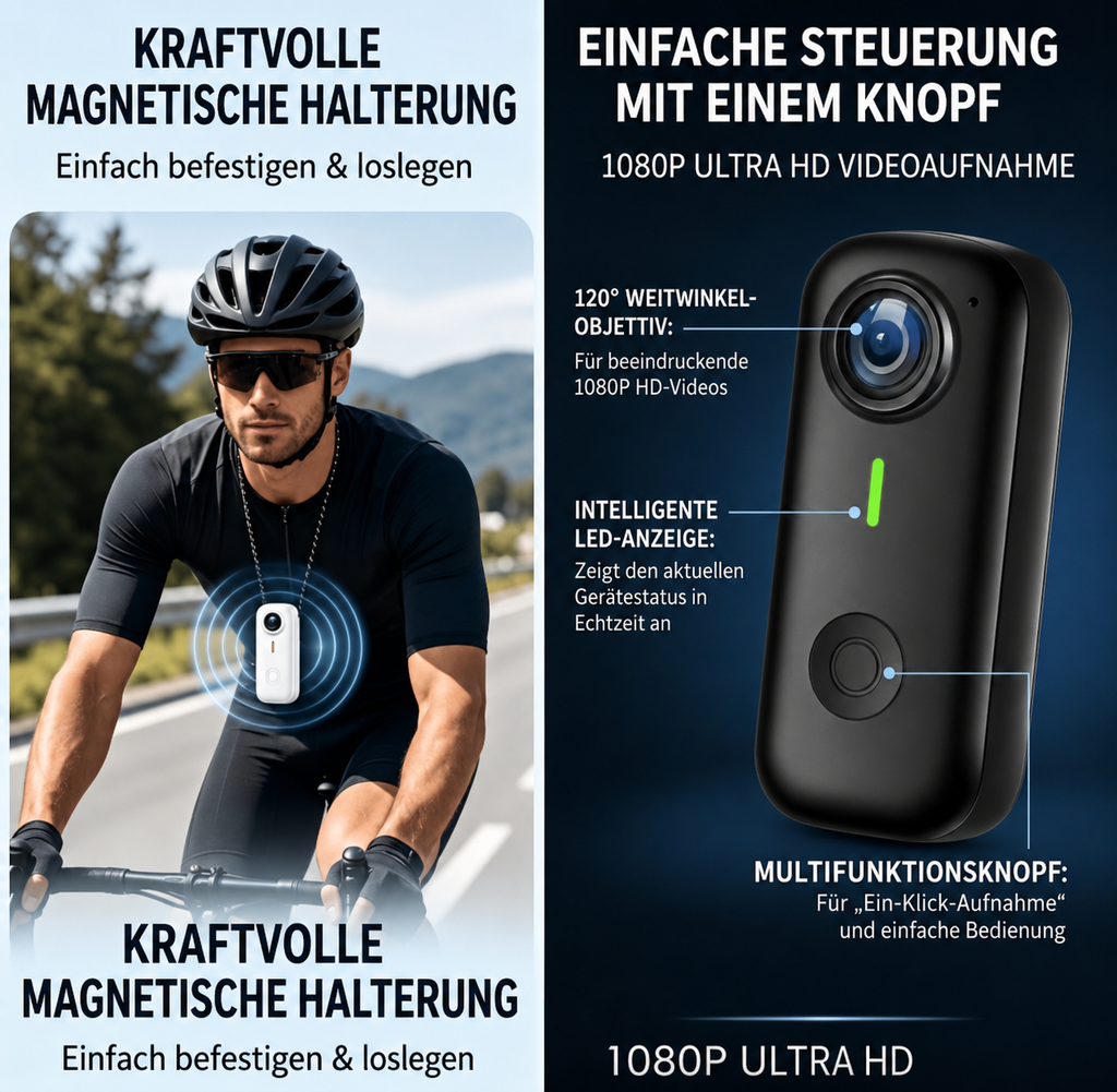 Mini Action Kamera – 1080P HD, WLAN, Magnethalterung | Daumen-Geste-Kamera