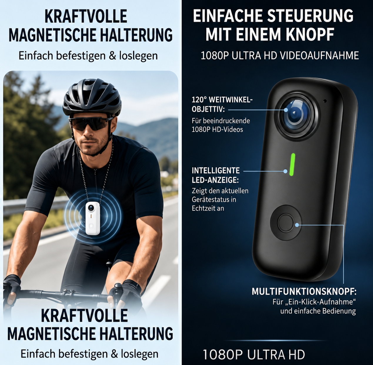 Mini Action Kamera – 1080P HD, WLAN, Magnethalterung | Daumen-Geste-Kamera
